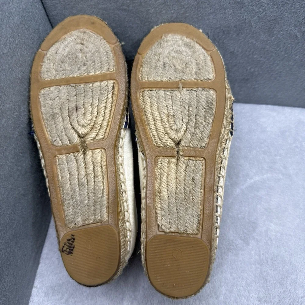 Tory Burch Beacher Espadrille Flats Ivory Navy Gold Logo Women's Size 7M